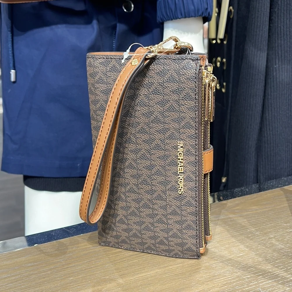 Michael Kors Jet Set Travel Large Double-Zip Wristlet-Wallet-PhoneHolder Brown