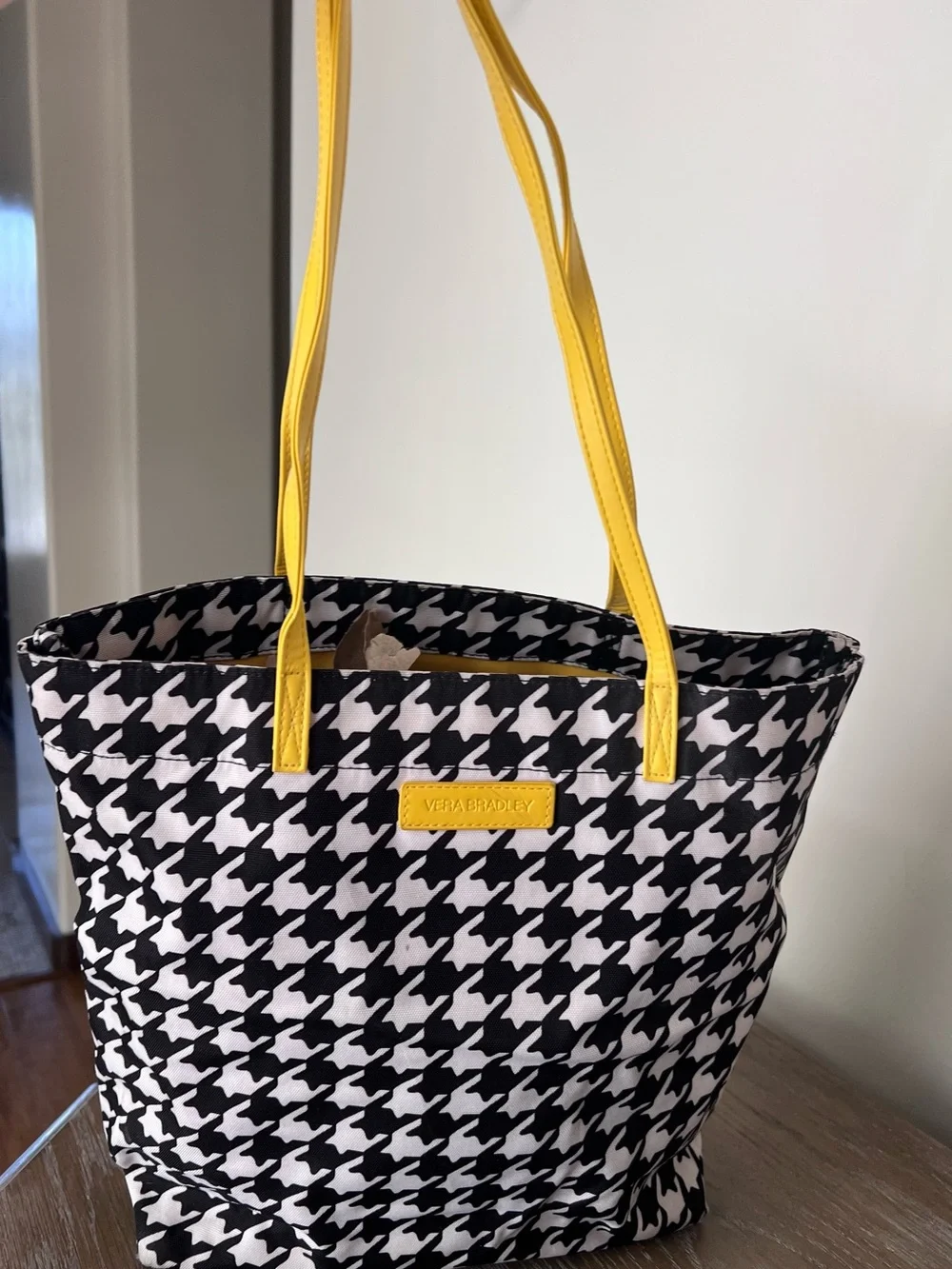 Vera Bradley Black & White Houndstooth Tote with Yellow Handles