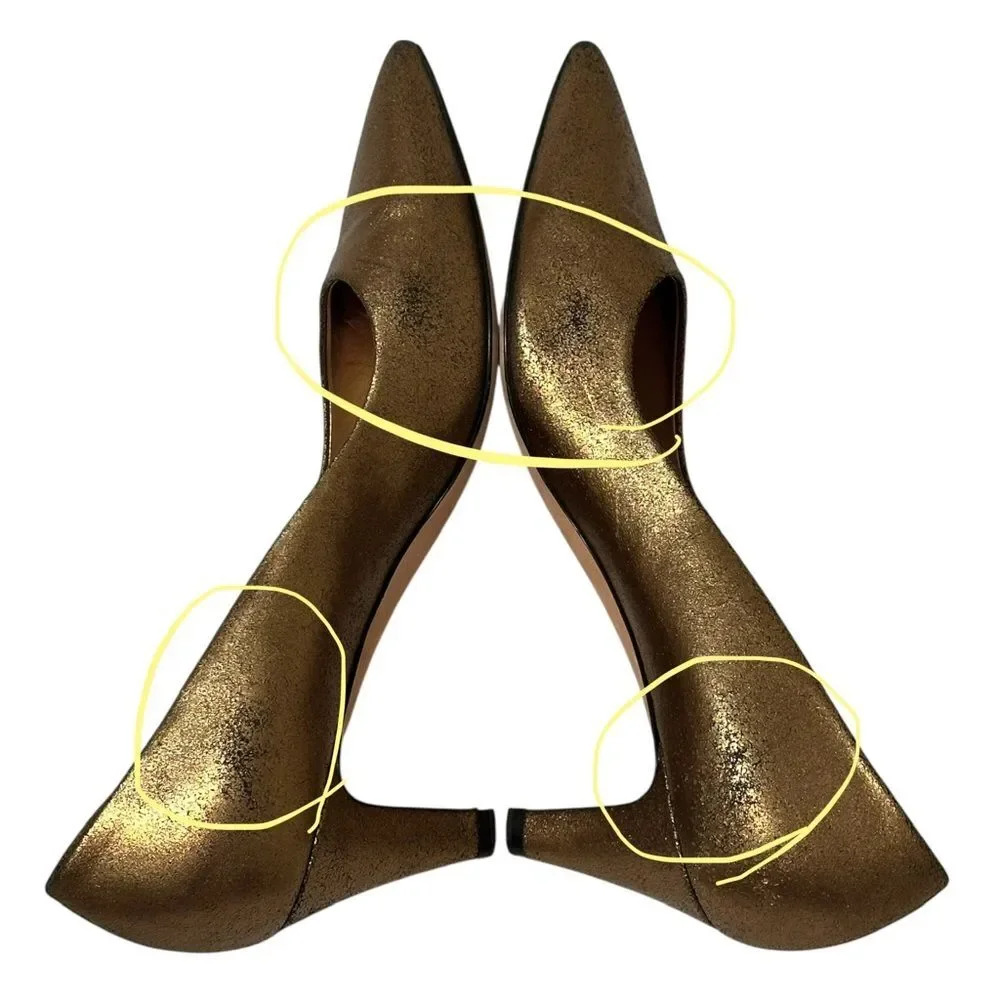 CHANEL CC Logo Metallic Bronze Gold Pointed Toe Pumps Low Heels 39 8.5 9