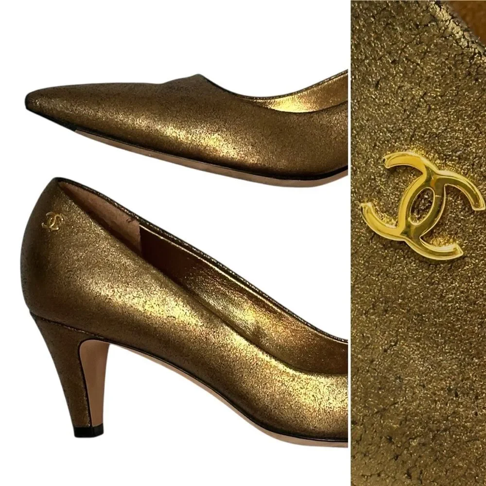 CHANEL CC Logo Metallic Bronze Gold Pointed Toe Pumps Low Heels 39 8.5 9