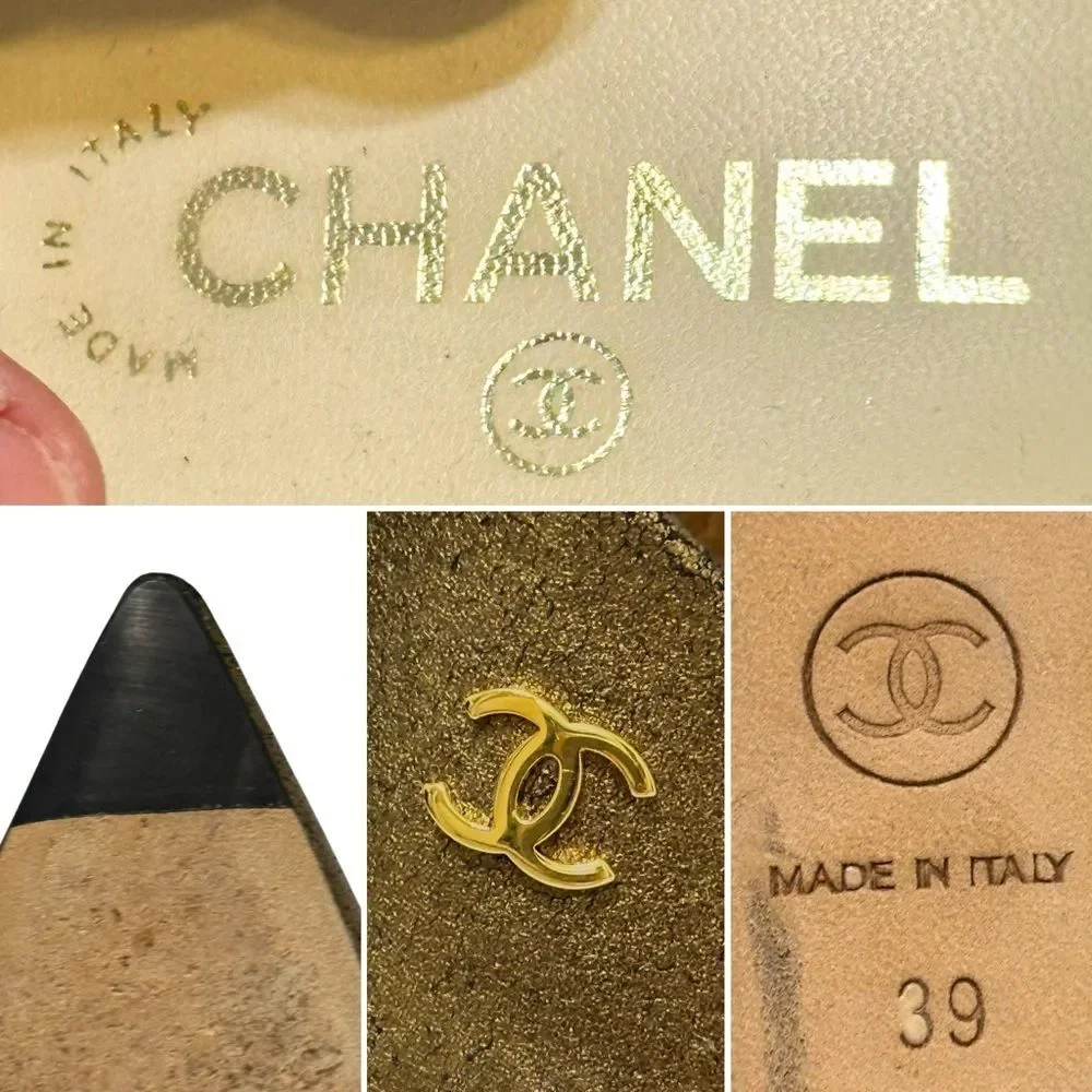 CHANEL CC Logo Metallic Bronze Gold Pointed Toe Pumps Low Heels 39 8.5 9