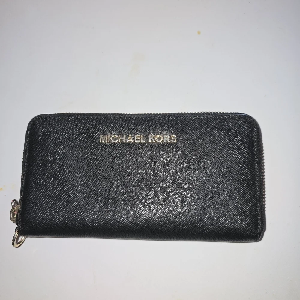 Michael Kors Black Saffiano Zip Wallet with Gold Logo