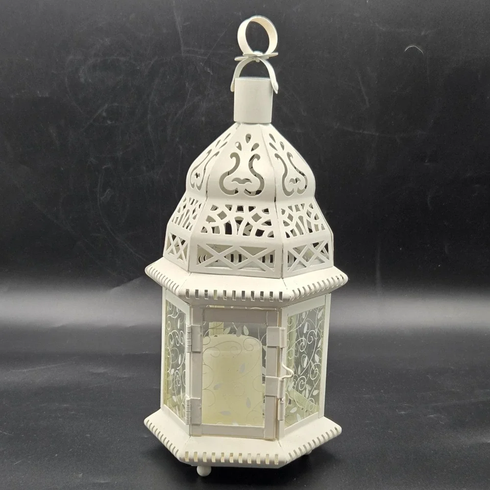 Large White Metal Decorative Moroccan‎ Lantern Candle Holder Lamp Cottage Core
