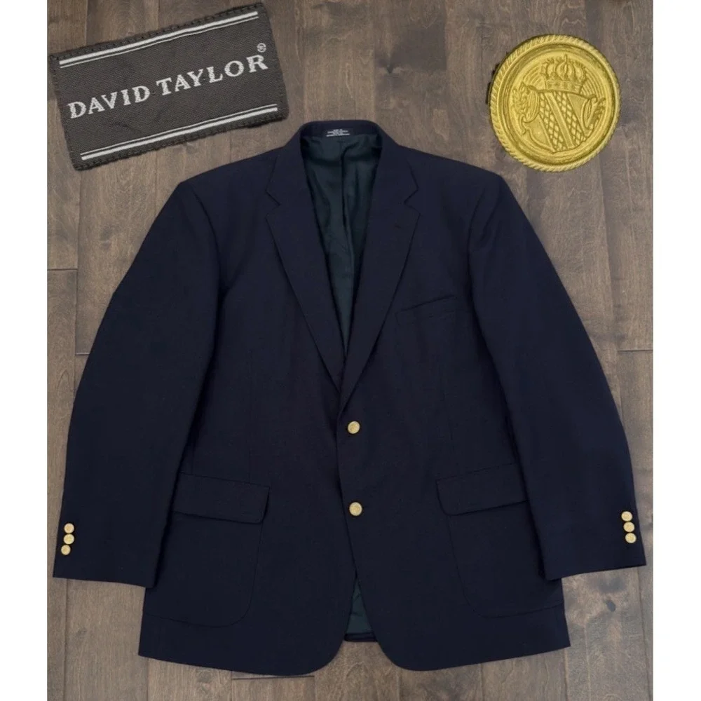 David Taylor Navy Sport Coat Gold Buttons Size 46L Preppy Navy Blazer Wool Blend