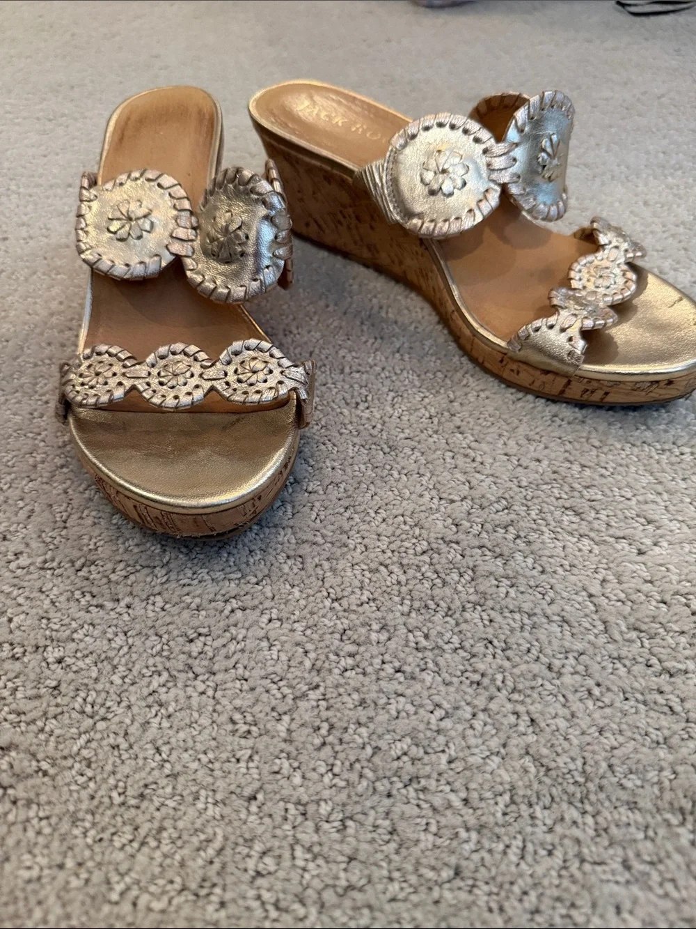 Jack Rodger’s Metallic Gold Wedge Sandals with Decorative Cutouts