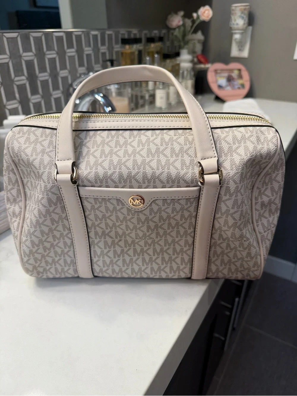 Michael Kors Beige Signature MK Logo Satchel with Gold Hardware