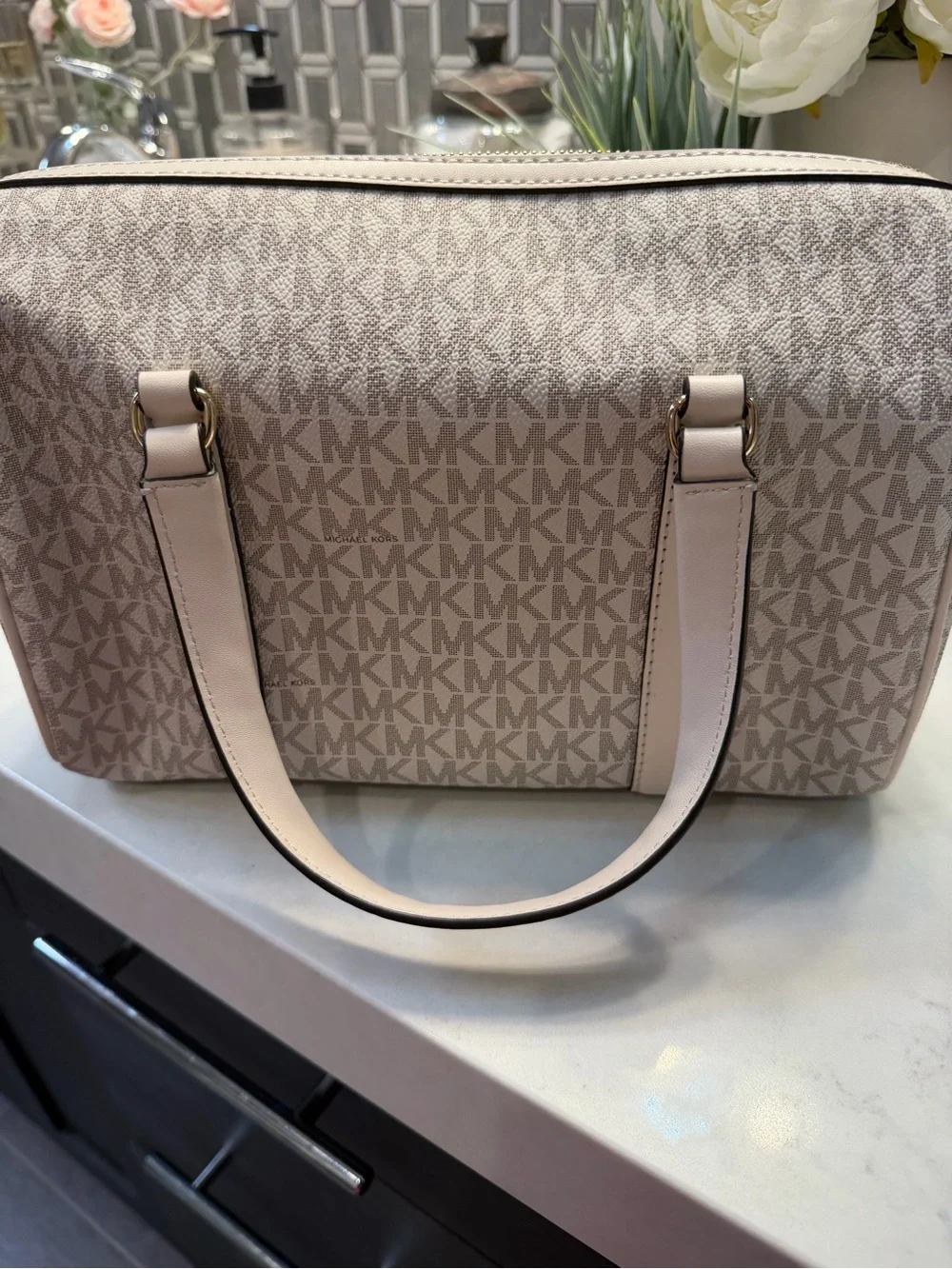 Michael Kors Beige Signature MK Logo Satchel with Gold Hardware