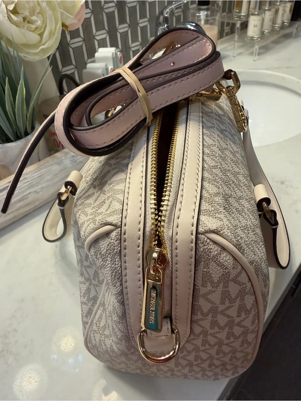 Michael Kors Beige Signature MK Logo Satchel with Gold Hardware