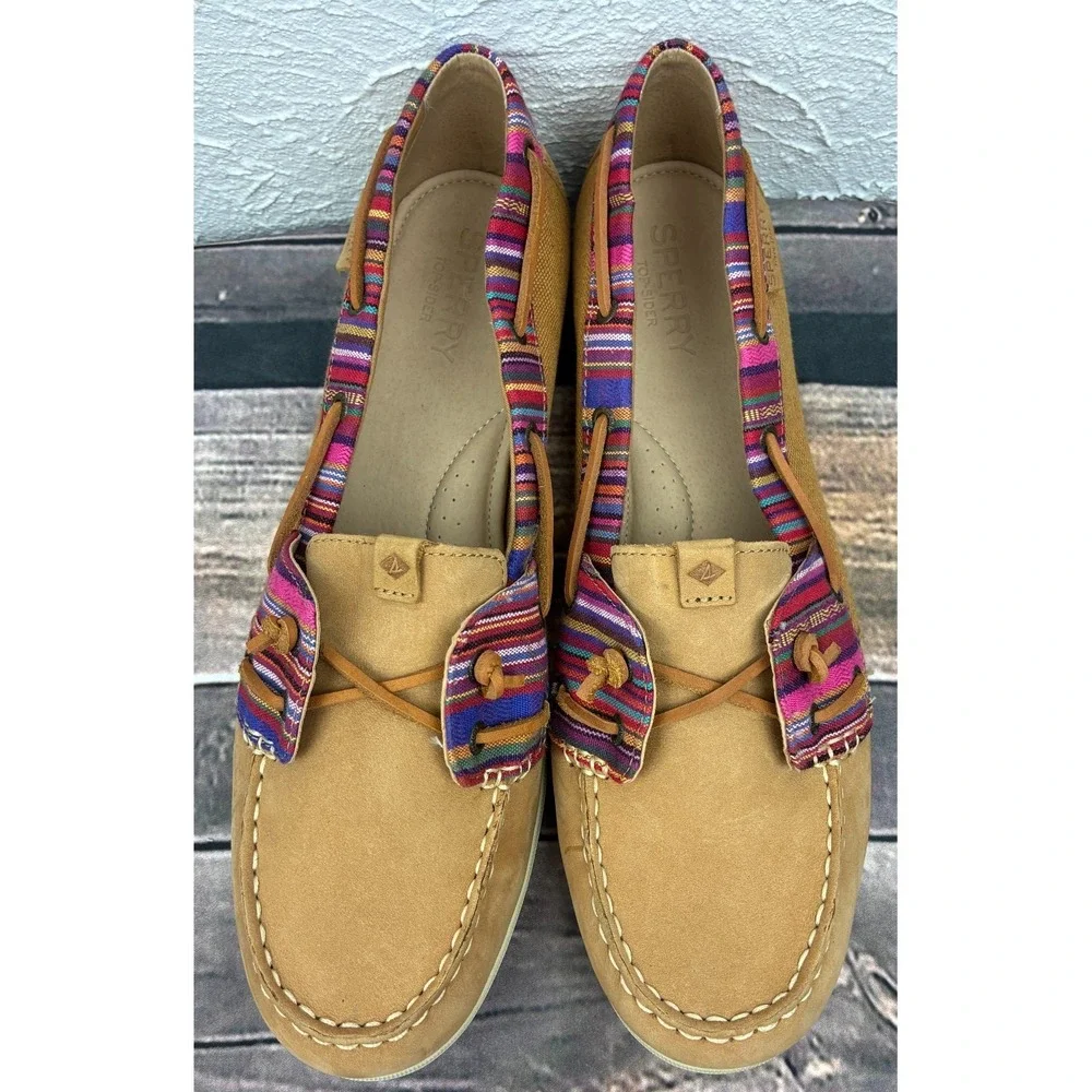 Sperry Top-Sider Koifish Boat Shoes Womens 12M Tan Pink Stripe Leather STS90216