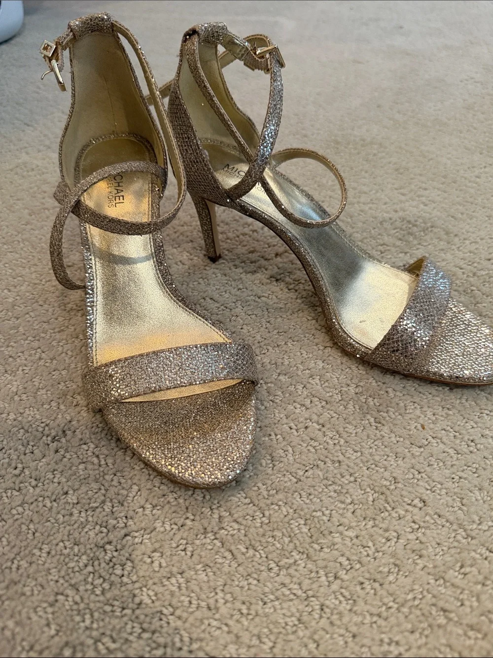 Michael Kors Glitter Strappy Stiletto Sandals in Gold