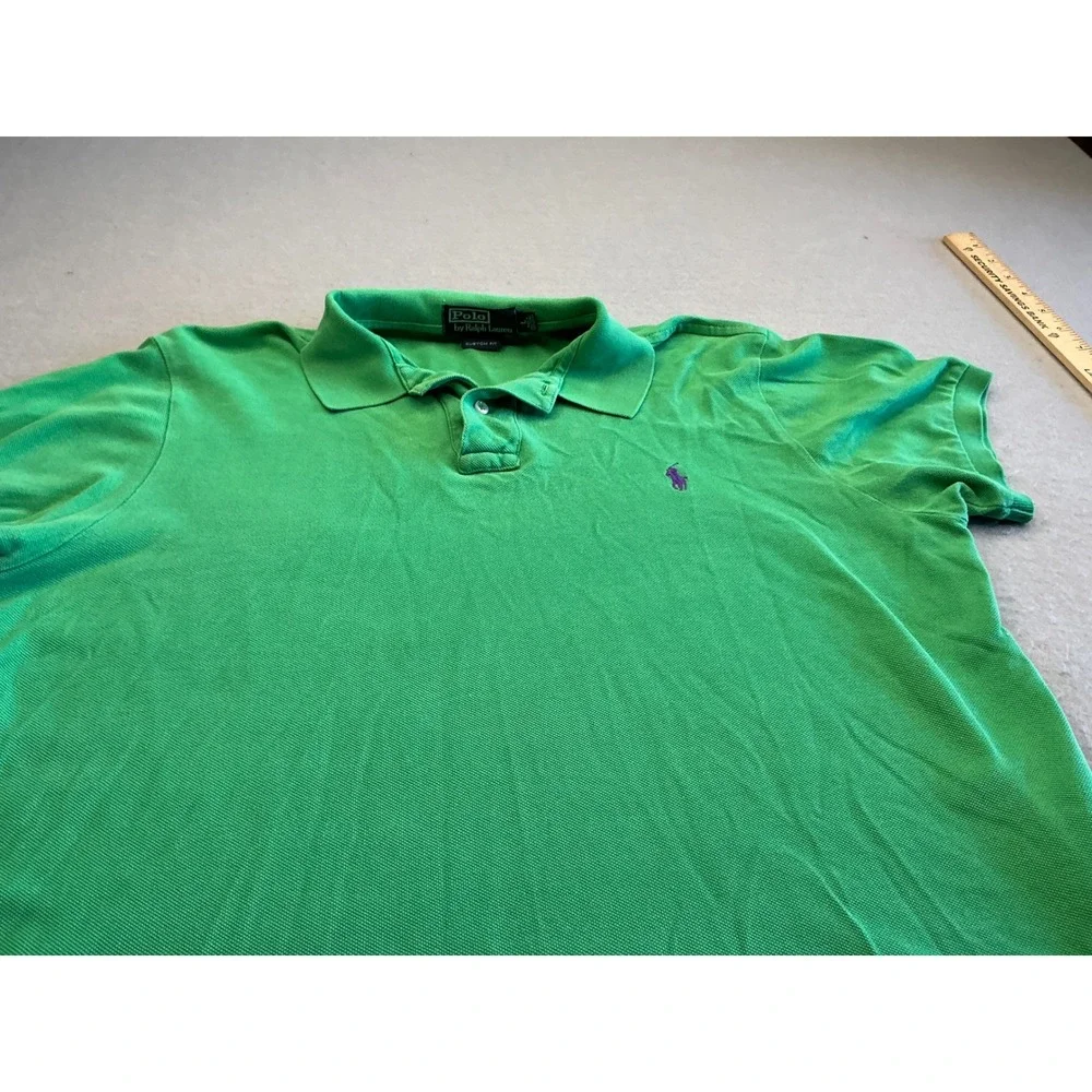 Polo Ralph Lauren Green Polo Shirt Custom Fit Purple Pony Size L Mens Pique