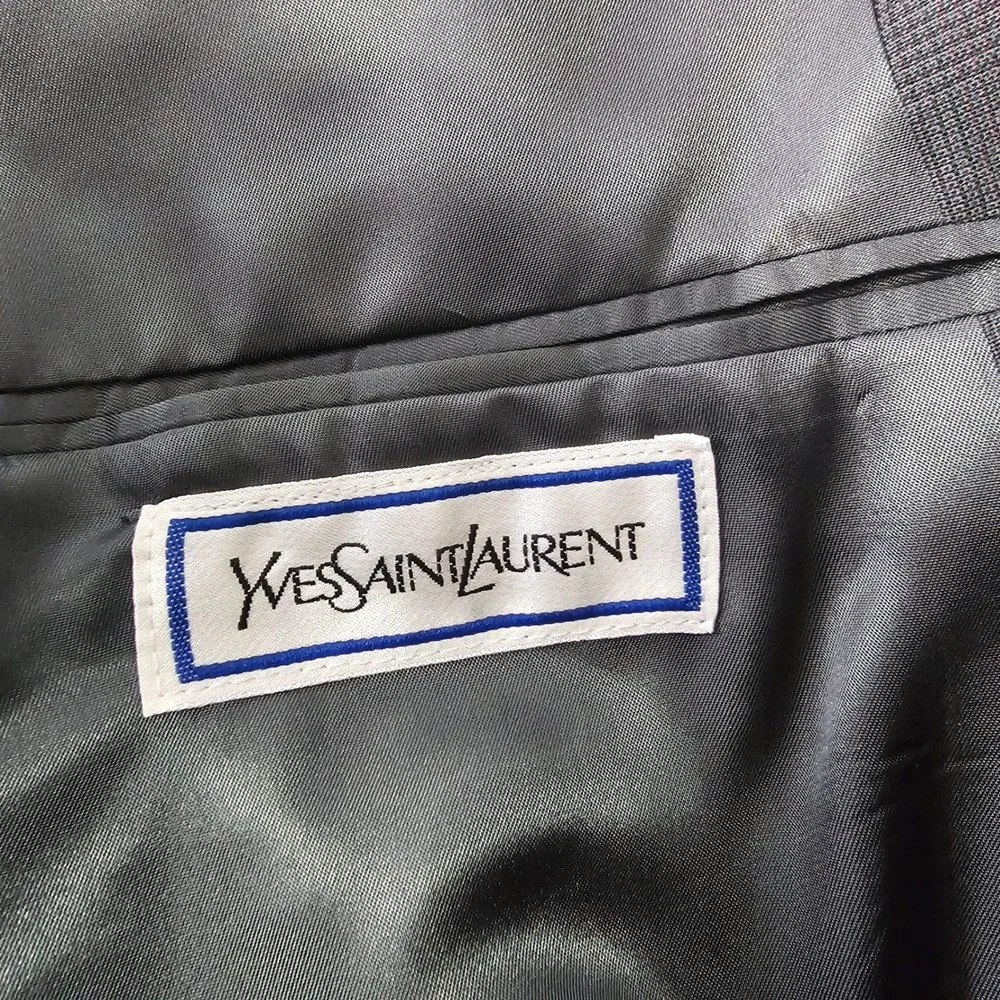 Yves Saint Laurent Double Breasted Suit 42R Gray Plaid Vintage Designer Business