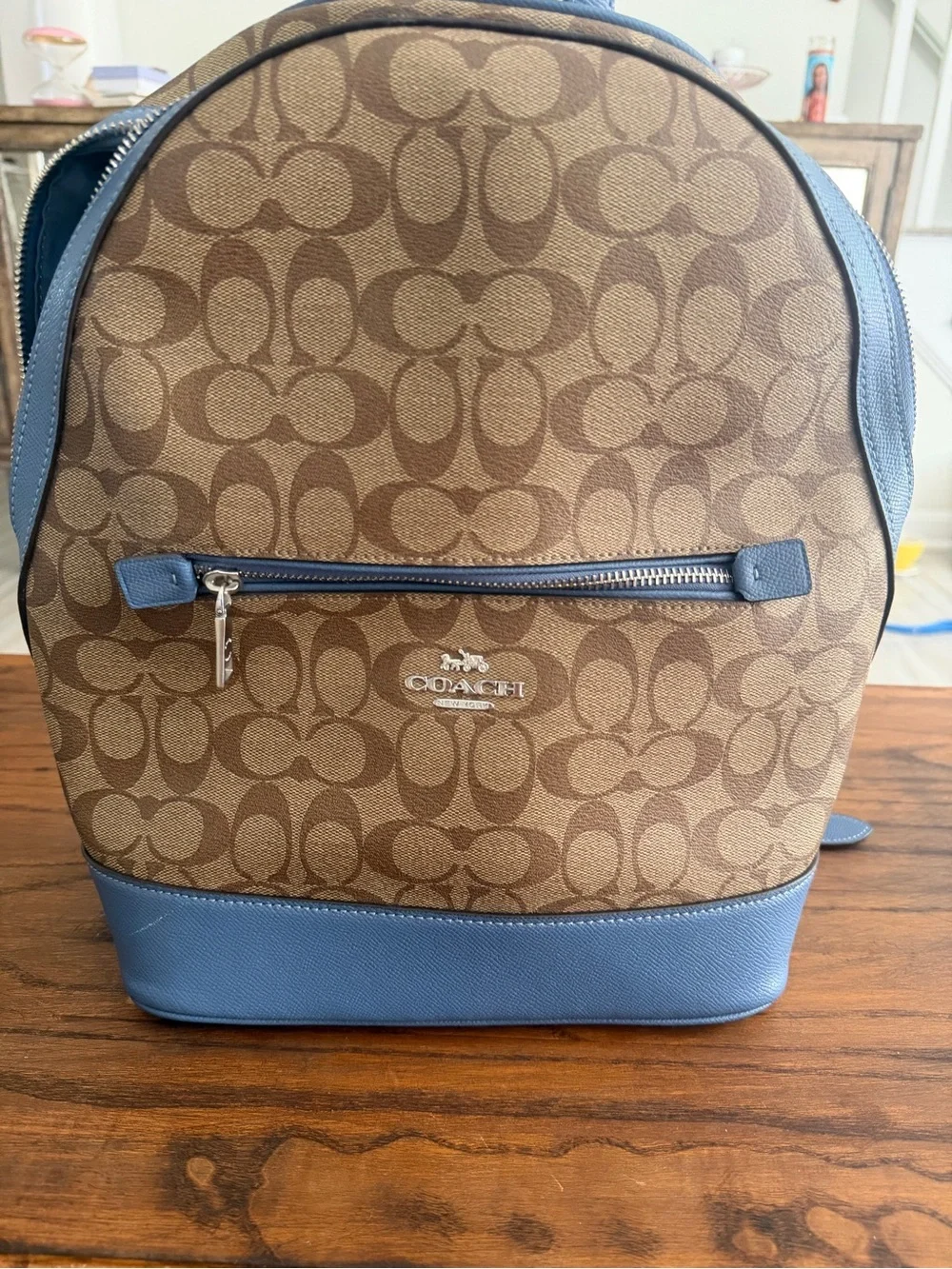 Coach Brown Signature Canvas Backpack with Blue Trim