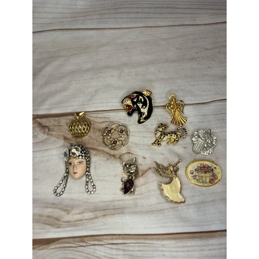 Vintage Brooch Lot Rhinestone‎ Animal Cat Panther Angel Sarah Coventry Flapper
