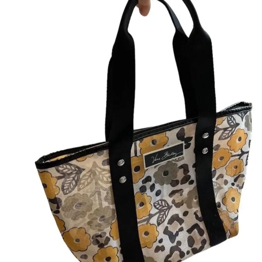Vera Bradley Go Wild Mesh Tote Bag Floral Zip Pocket Black White Yellow