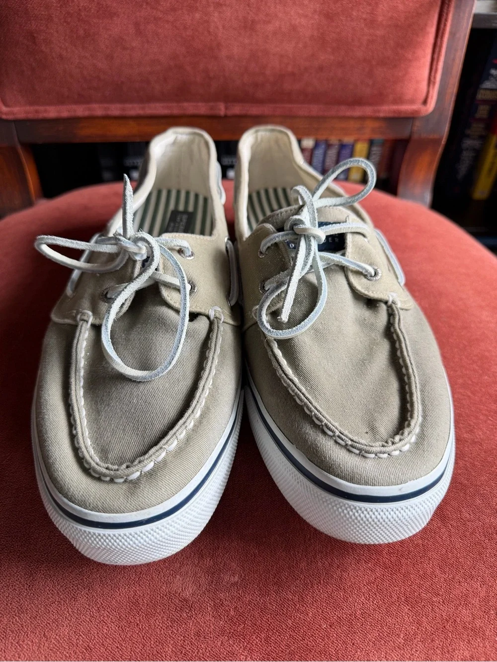Men’s Sperry top slider canvas boat shoes in khaki.