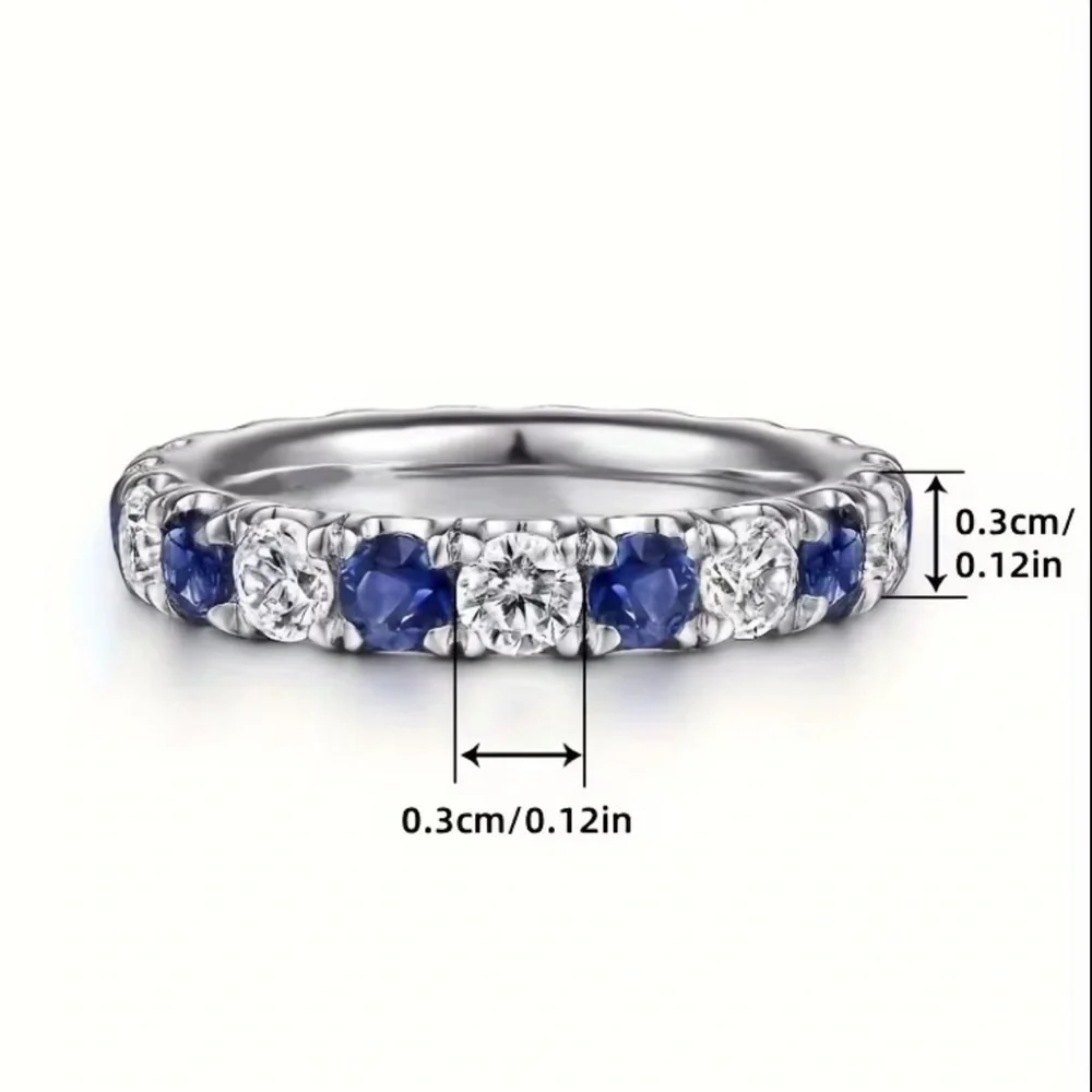Silver White and Blue Sapphire Moissanite Gemstone Band Ring - Size 7