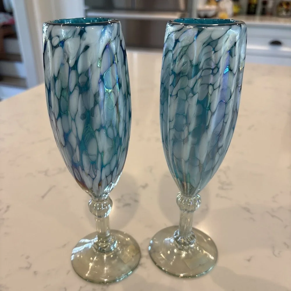 Cobalt Blue White Iridescent MexicoBlown Art Champagne Flute‎ Wine Glass Wedding
