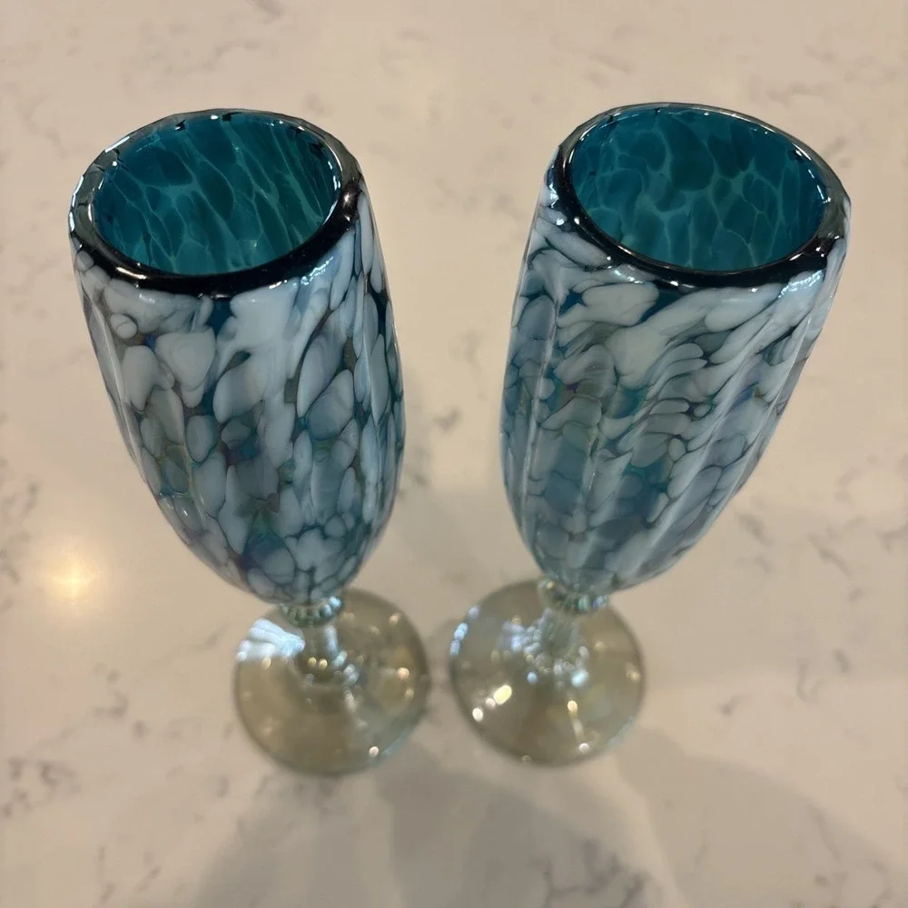 Cobalt Blue White Iridescent MexicoBlown Art Champagne Flute‎ Wine Glass Wedding