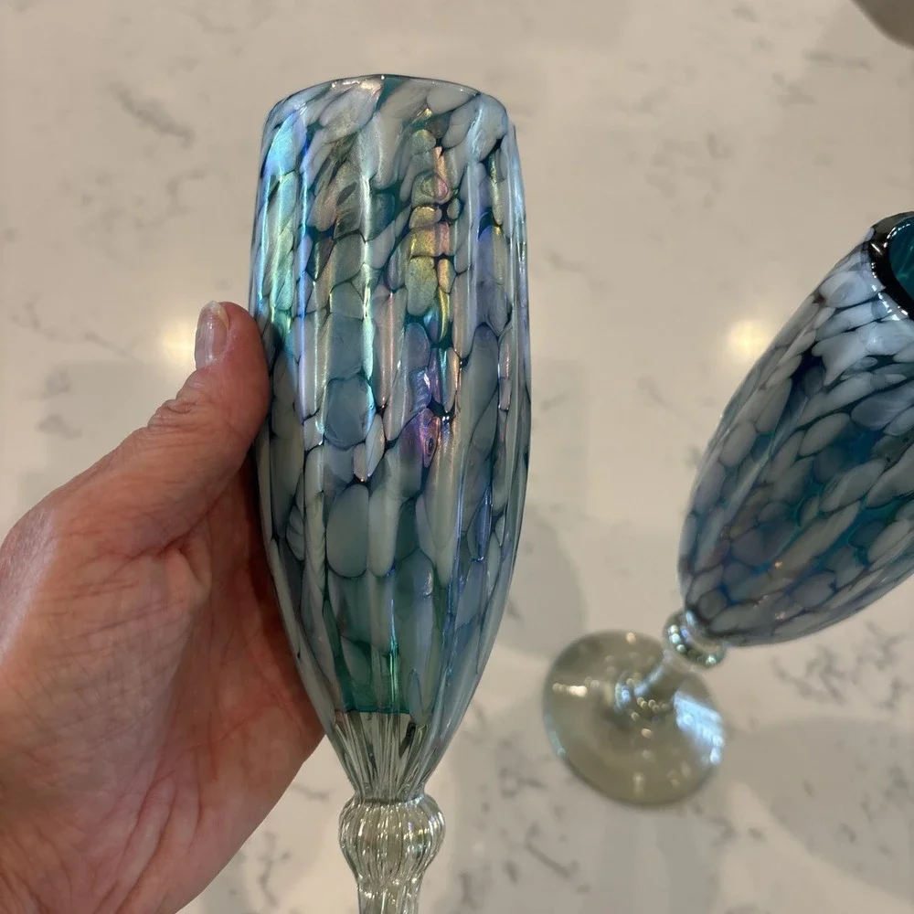 Cobalt Blue White Iridescent MexicoBlown Art Champagne Flute‎ Wine Glass Wedding