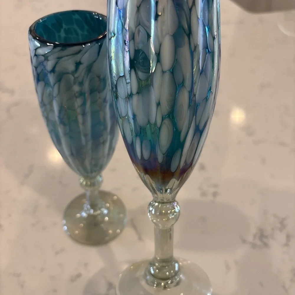 Cobalt Blue White Iridescent MexicoBlown Art Champagne Flute‎ Wine Glass Wedding