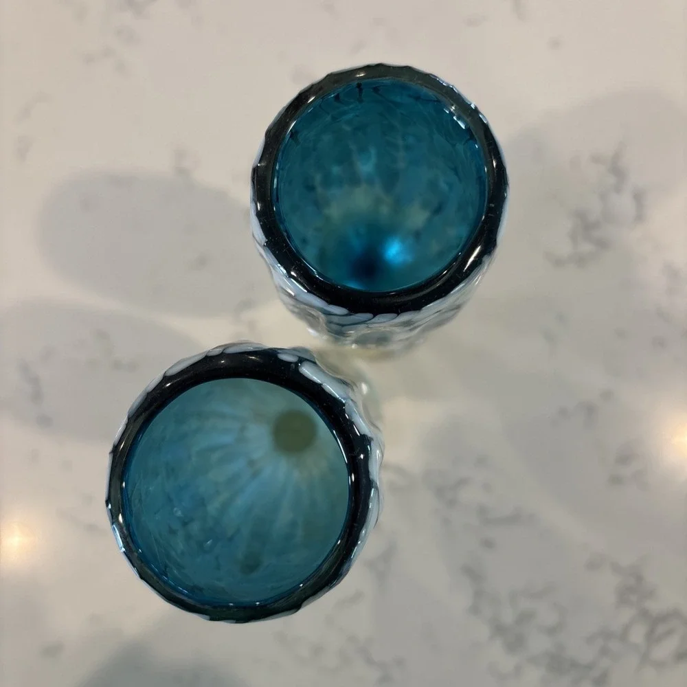 Cobalt Blue White Iridescent MexicoBlown Art Champagne Flute‎ Wine Glass Wedding