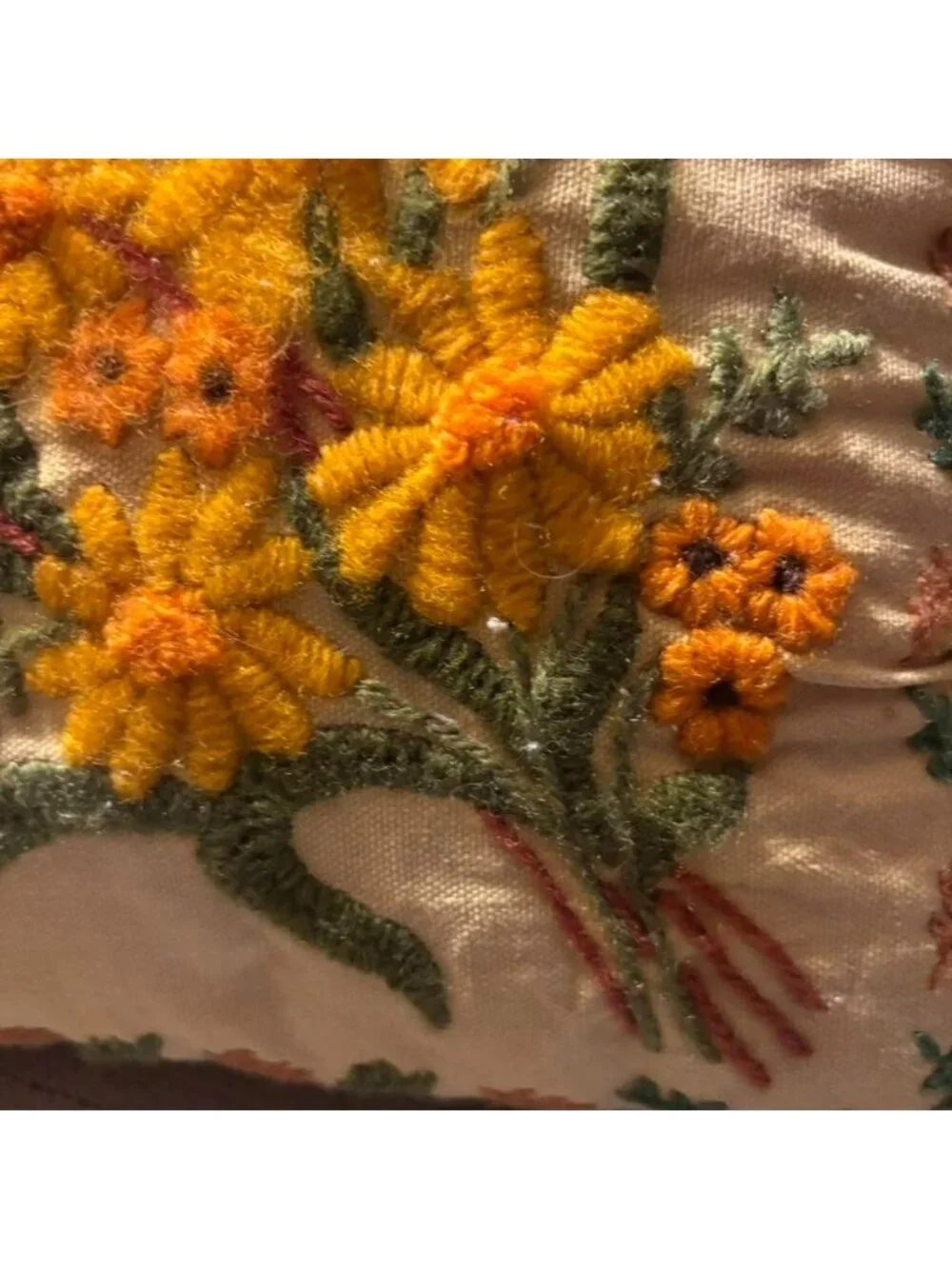 Vintage Handmade Crewel Embroidered Floral Pillow With Yellow & Rust Tones 12