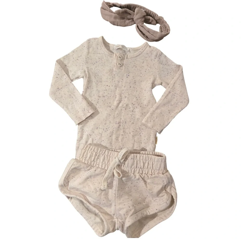 Jamie Kay‎ Kids 1Y Organic Cotton Ribbed Bodysuit Shorts Headband Set Speckled
