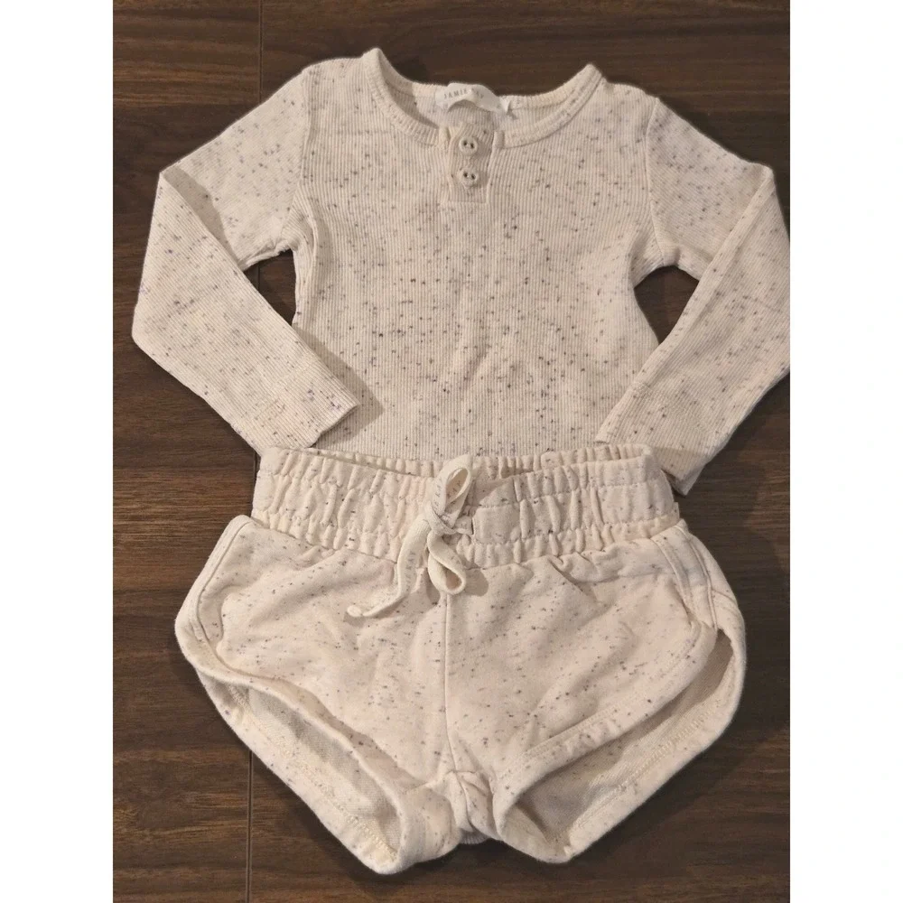 Jamie Kay‎ Kids 1Y Organic Cotton Ribbed Bodysuit Shorts Headband Set Speckled