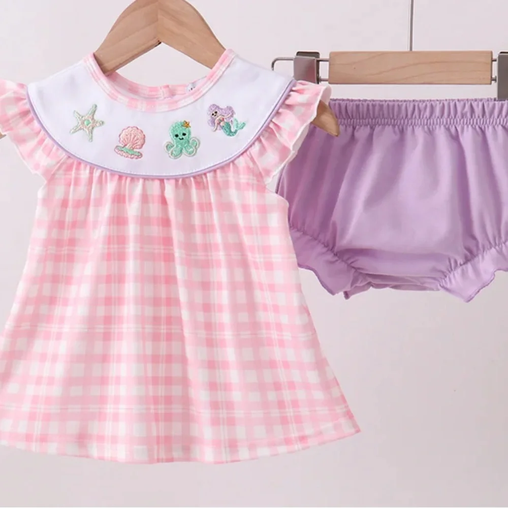 EMBROIDER OCTOPUS STARFISH PINK PLAID DRESS LAVENDER BLOOMER SET 12 24 2 3 4 5 6
