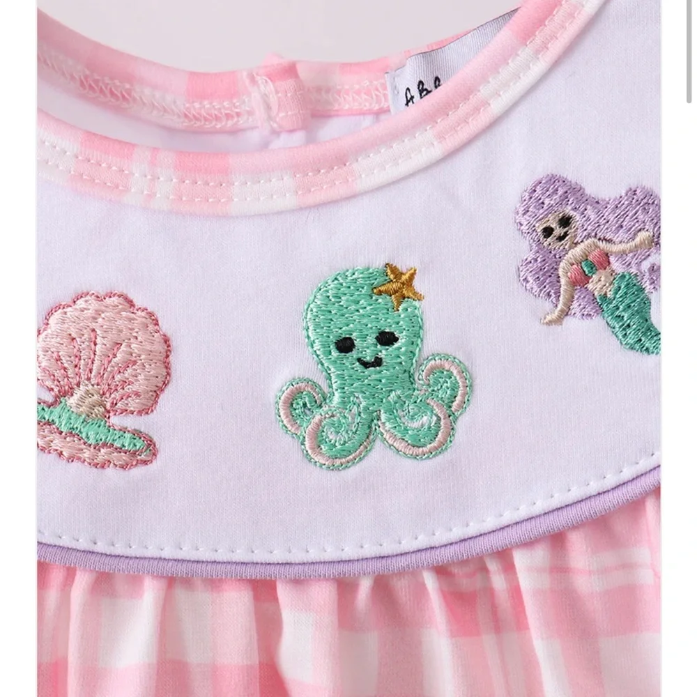 EMBROIDER OCTOPUS STARFISH PINK PLAID DRESS LAVENDER BLOOMER SET 12 24 2 3 4 5 6
