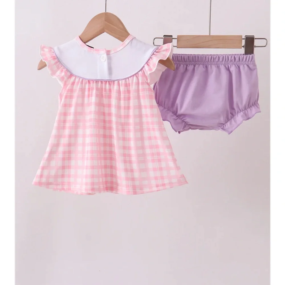 EMBROIDER OCTOPUS STARFISH PINK PLAID DRESS LAVENDER BLOOMER SET 12 24 2 3 4 5 6
