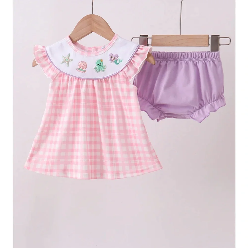 EMBROIDER OCTOPUS STARFISH PINK PLAID DRESS LAVENDER BLOOMER SET 12 24 2 3 4 5 6