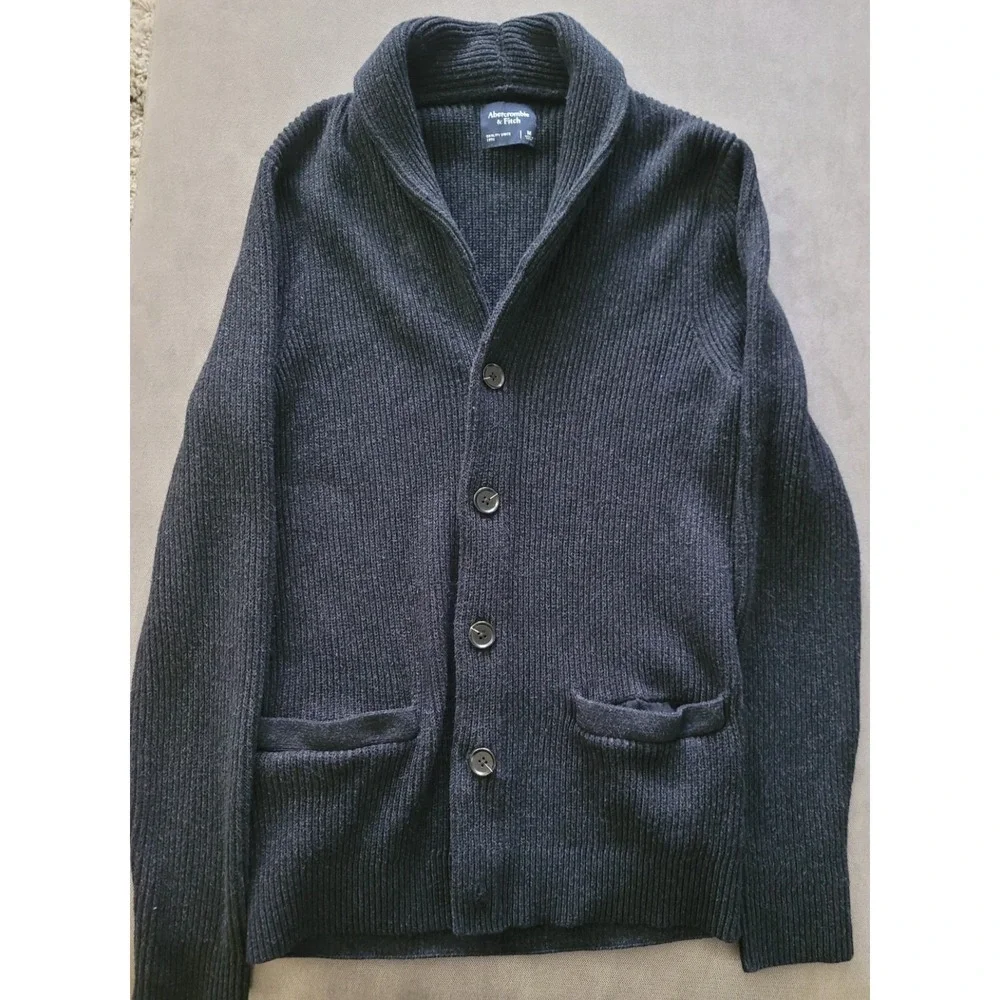 Abercrombie & Fitch Men Grey 100% Cotton Shawl Collar Cardigan Sweater Size M‎