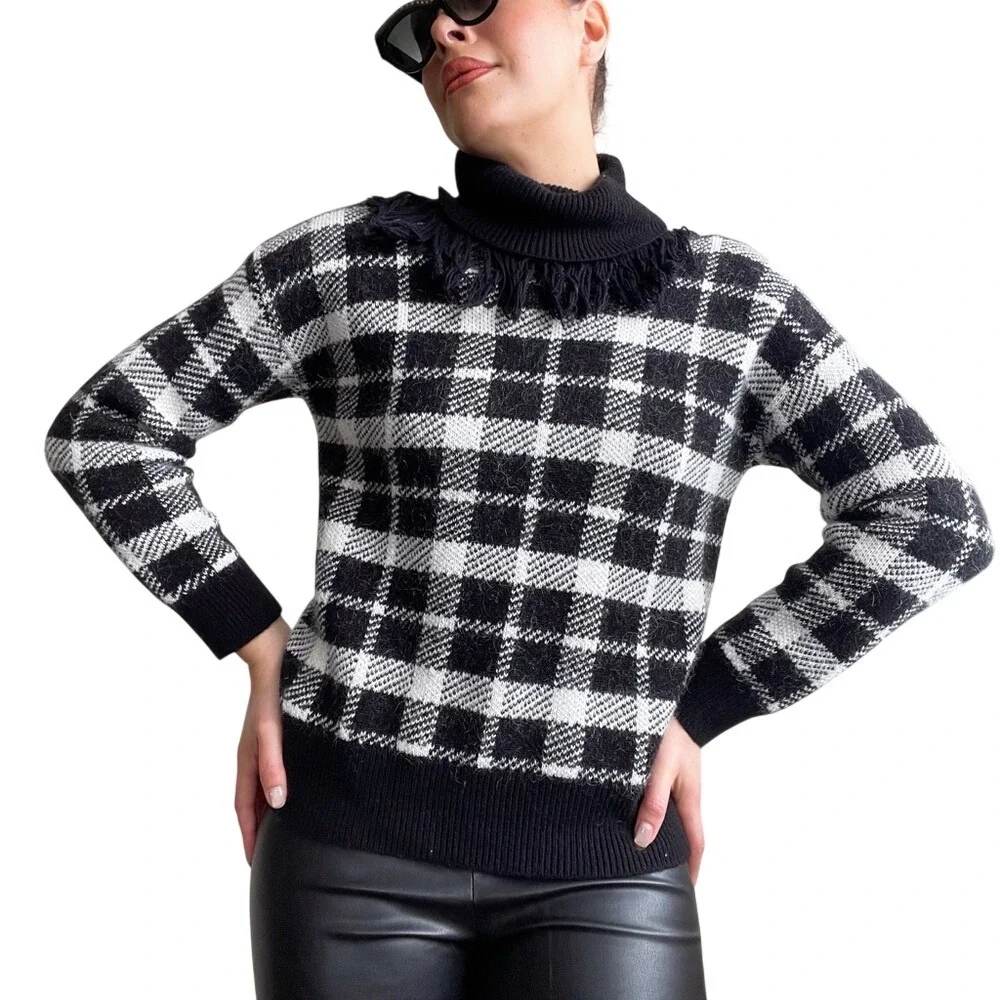 Kate Spade Dark Academia Plaid Checked Mohair Fringe Turtleneck Sweatshirt