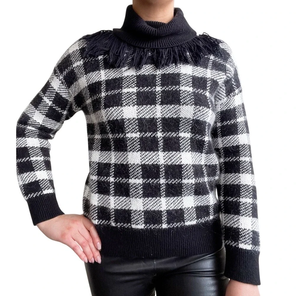 Kate Spade Dark Academia Plaid Checked Mohair Fringe Turtleneck Sweatshirt