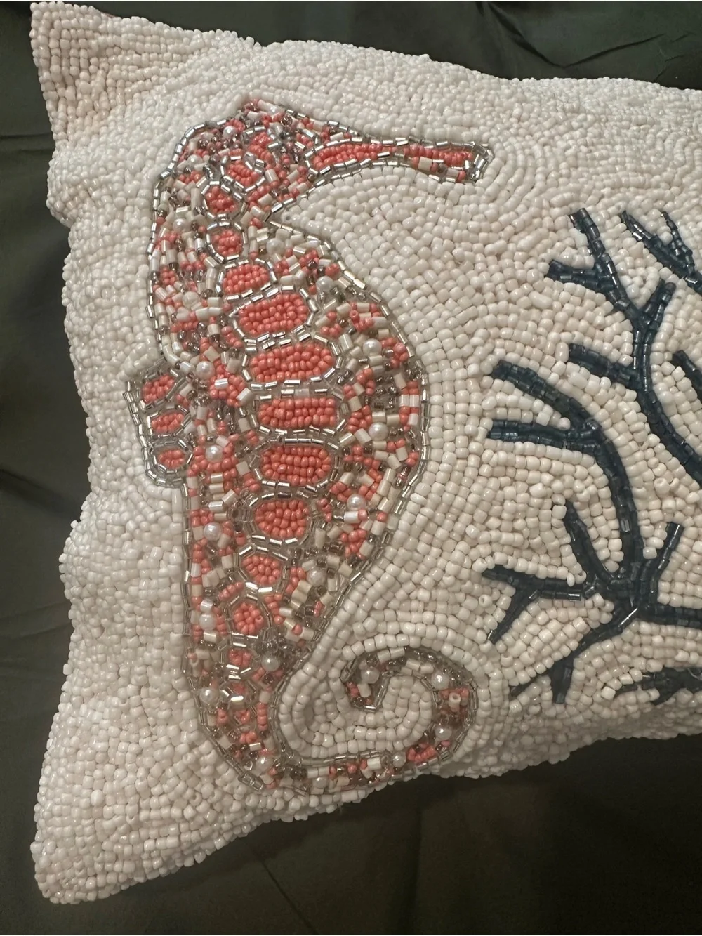 Handcrafted Coral & Seahorse Beaded Throw Pillow - Ivory and Navy