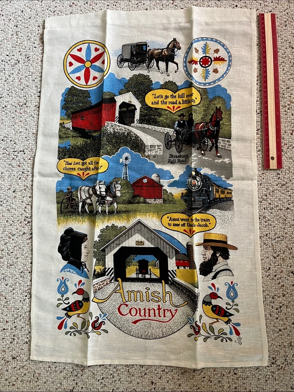 Amish Country Decorative Linen Tea Towel with Rural Scenes 26 x 17 inches