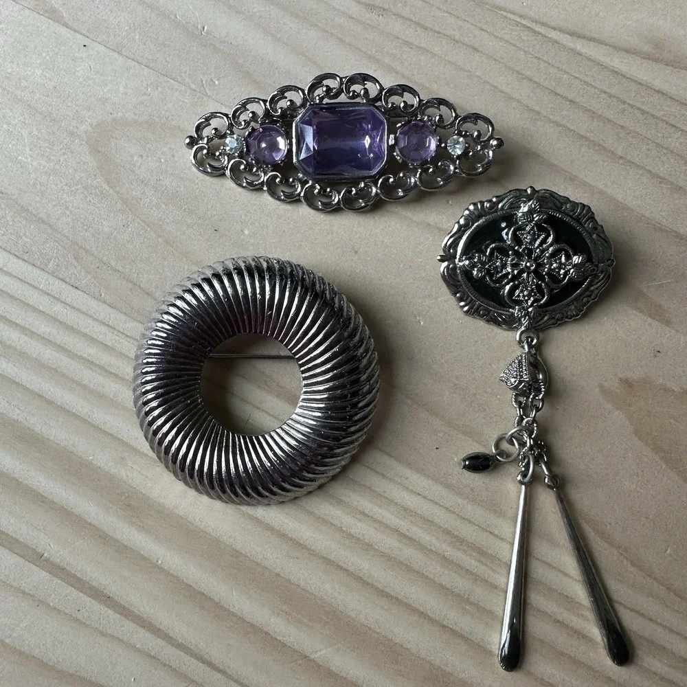 3 Vintage Brooch Pins Geometric Rhinestones Silver Tone Fashion‎ Jewelry Lot