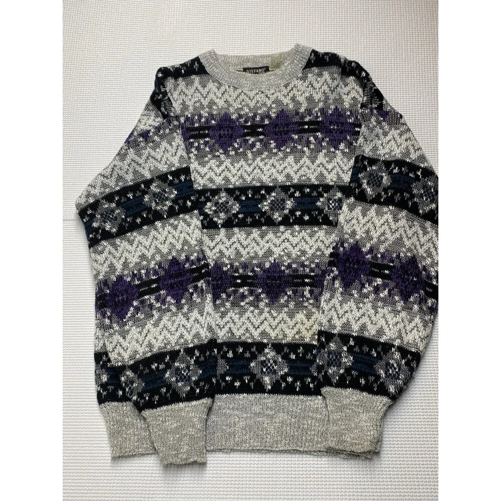 Vintage 90s Stefano Mens Grandpa Geometric Knit Crewneck Sweater LG Multicolor