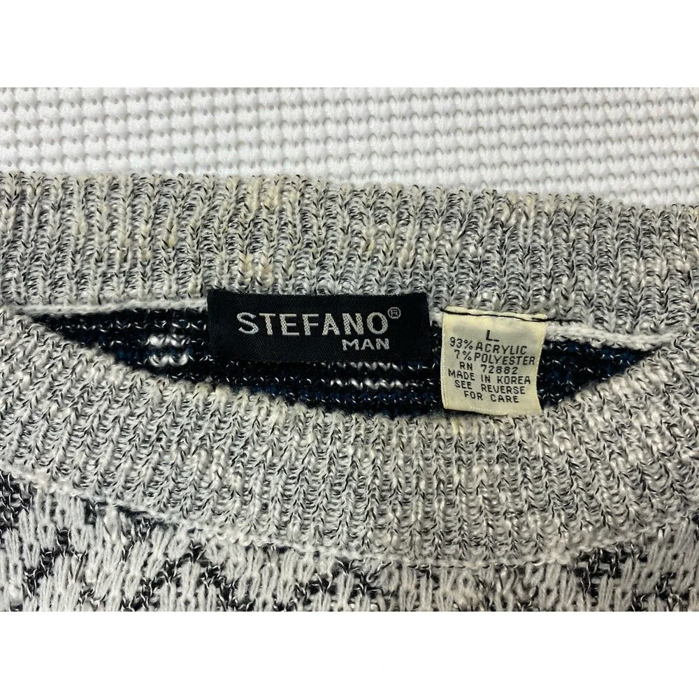 Vintage 90s Stefano Mens Grandpa Geometric Knit Crewneck Sweater LG Multicolor