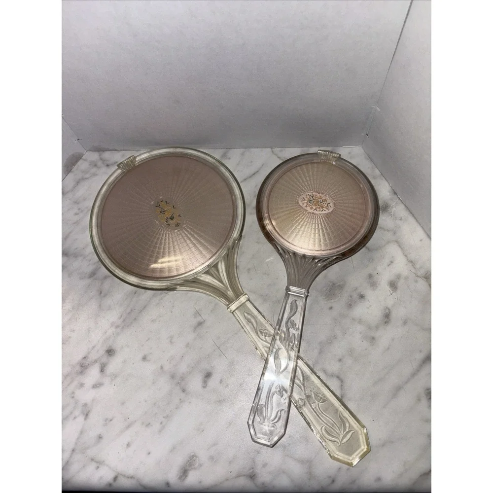 Vtg Early 20th Century Lucite Hand Held Mirror Brush Floral Bouquet‎ Medallian