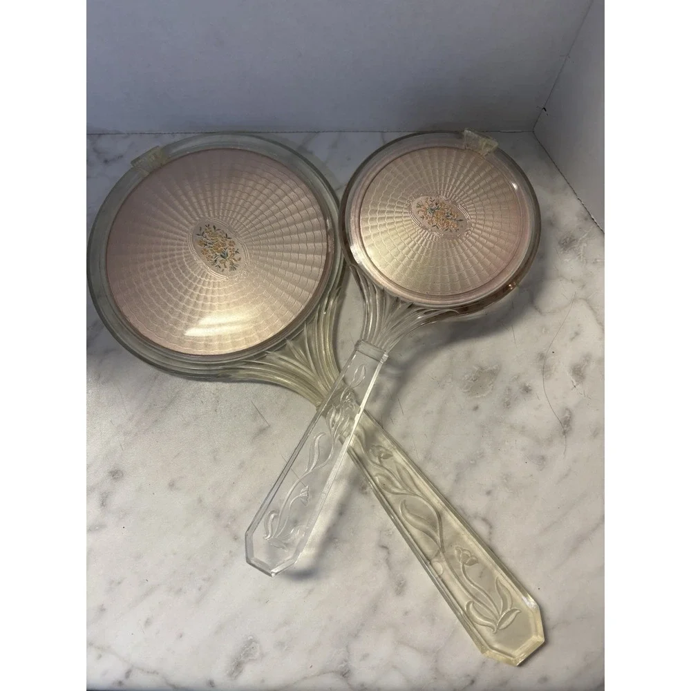 Vtg Early 20th Century Lucite Hand Held Mirror Brush Floral Bouquet‎ Medallian