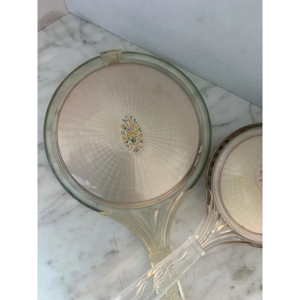 Vtg Early 20th Century Lucite Hand Held Mirror Brush Floral Bouquet‎ Medallian