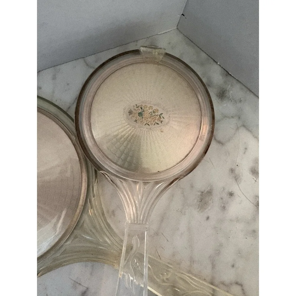 Vtg Early 20th Century Lucite Hand Held Mirror Brush Floral Bouquet‎ Medallian