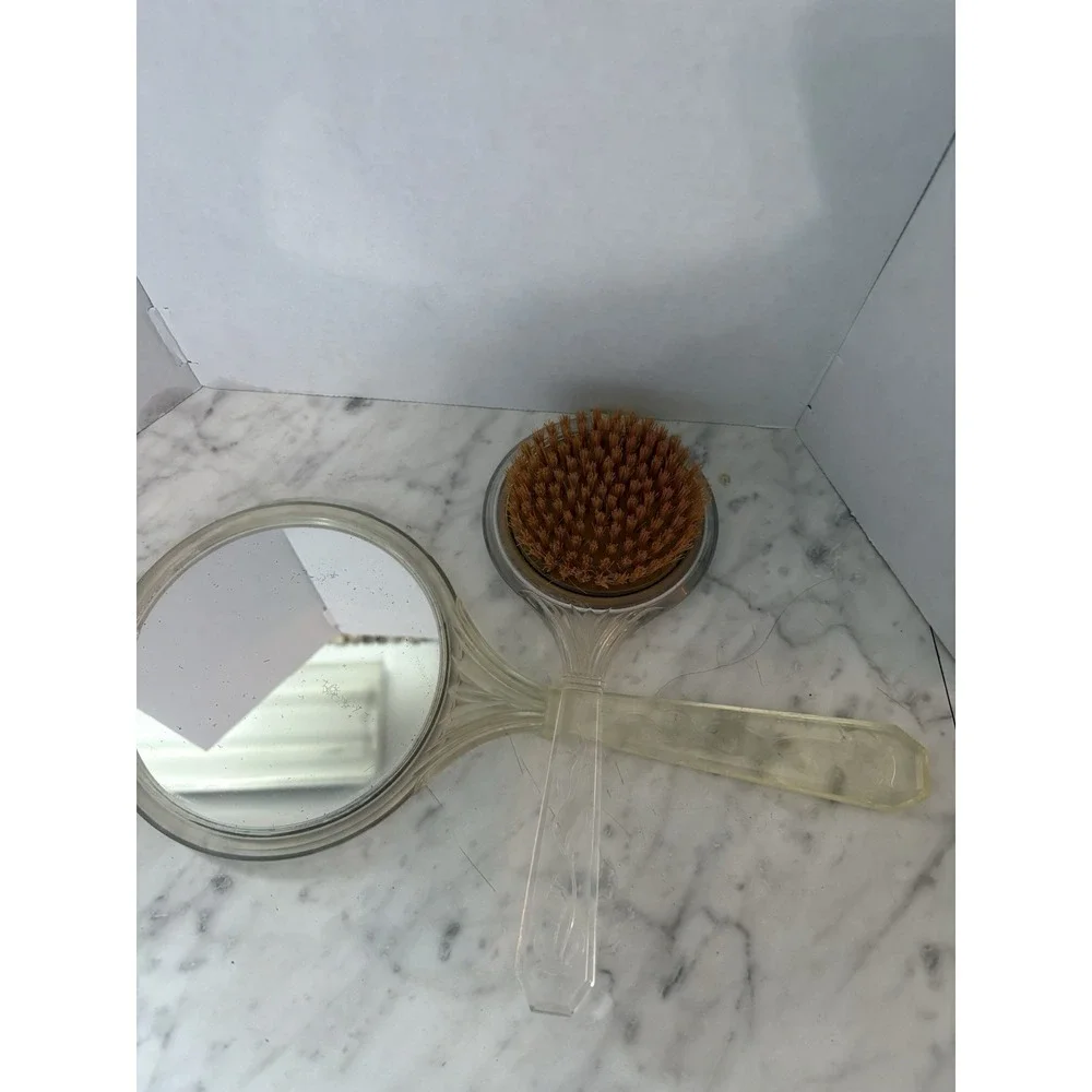 Vtg Early 20th Century Lucite Hand Held Mirror Brush Floral Bouquet‎ Medallian