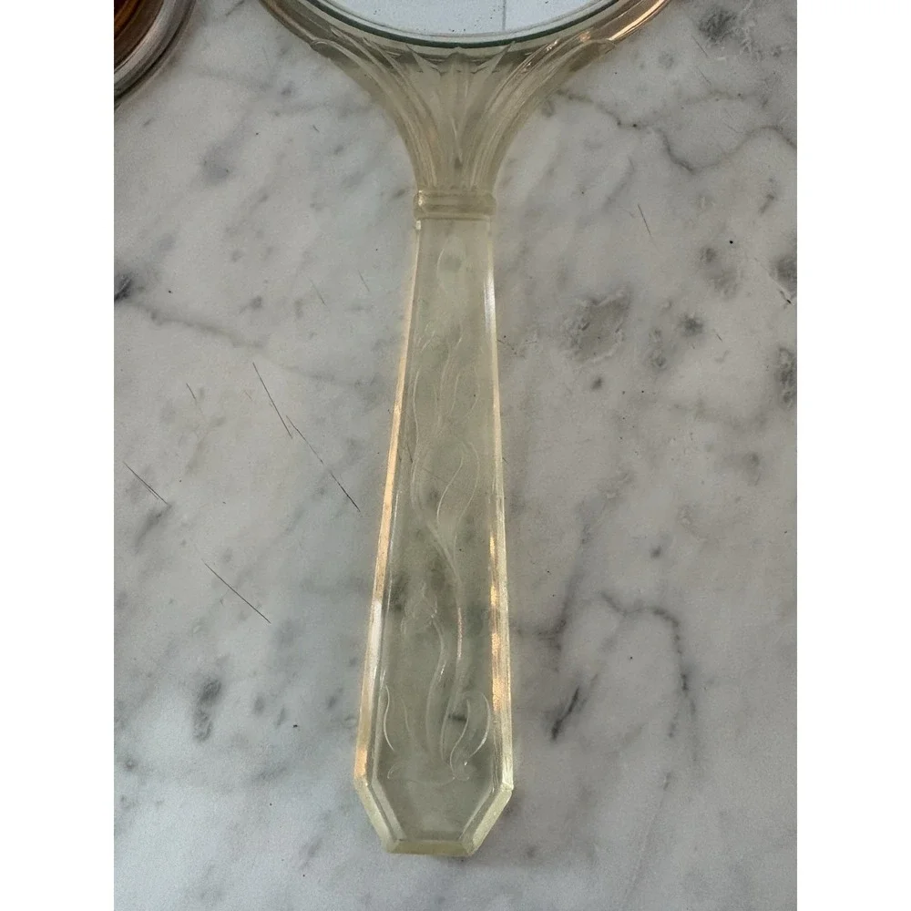 Vtg Early 20th Century Lucite Hand Held Mirror Brush Floral Bouquet‎ Medallian