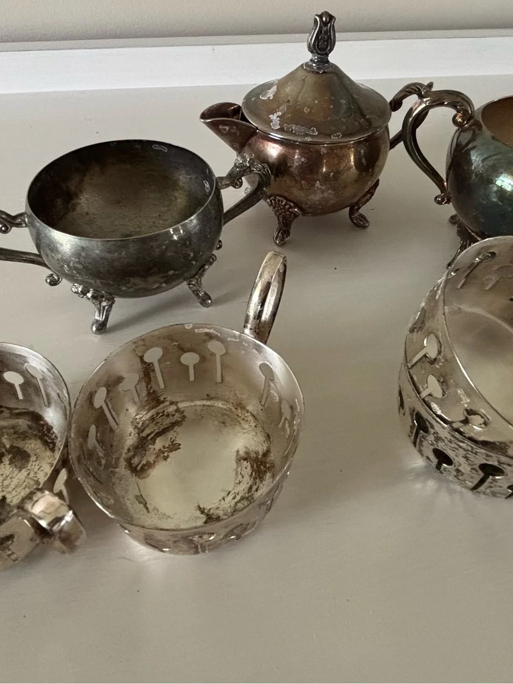 Antique Silver-Plate Sugar Bowl & Tea Set Pieces