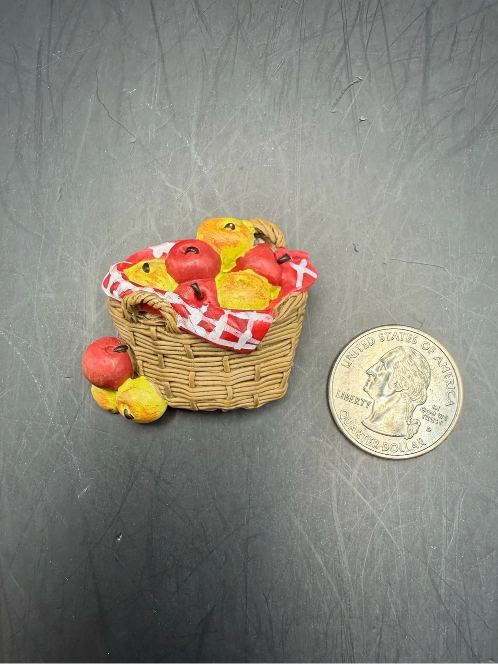 Miniature Wicker Picnic Basket with Red and Yellow Fruit brooch