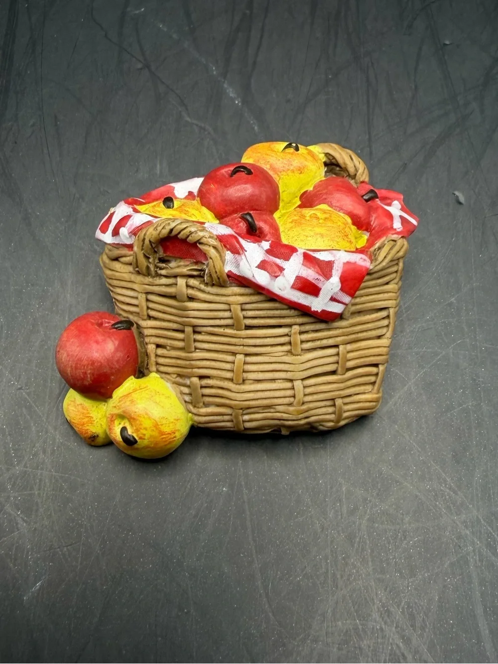 Miniature Wicker Picnic Basket with Red and Yellow Fruit brooch